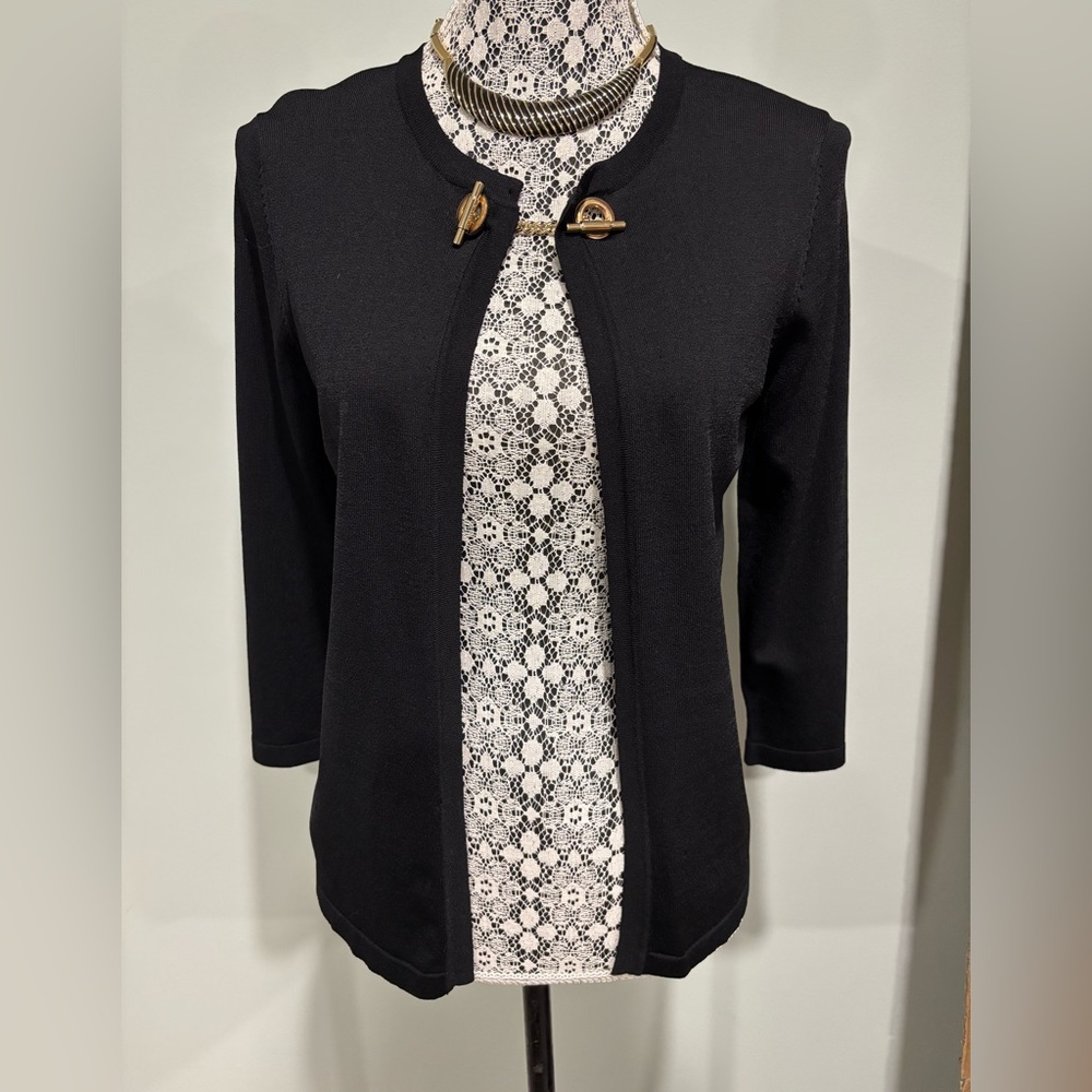 Ivanka Trump Black Cardigan 3/4 sleeve with Golden Chain Toggle Closure - Size S